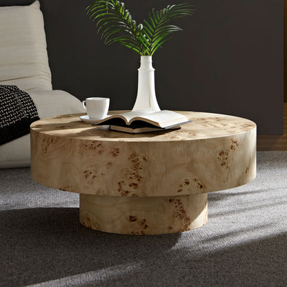 31.49''Mid Century Modern Round Wood Coffee Table with Burl Wood Veneer and Sturdy Pedestal for Living Room Office Apartment image 2