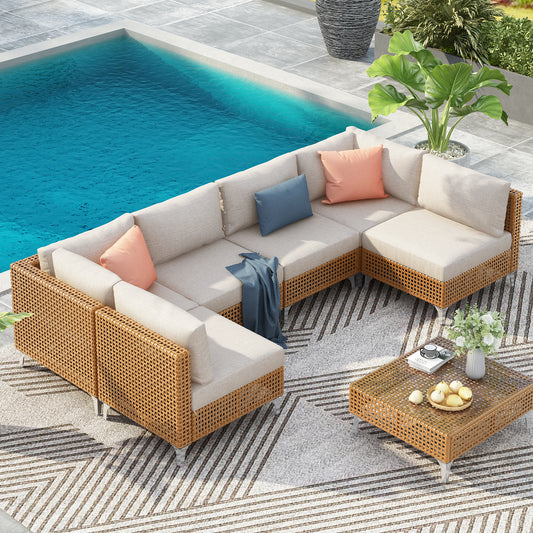 K&K 7-Piece Wicker Patio Furniture Set, Outdoor Conversation Set Sectional Sofa with Water Resistant Beige Thick Cushions and Coffee Table for Outdoor Couch, Porch, Backyard - Beige image 1