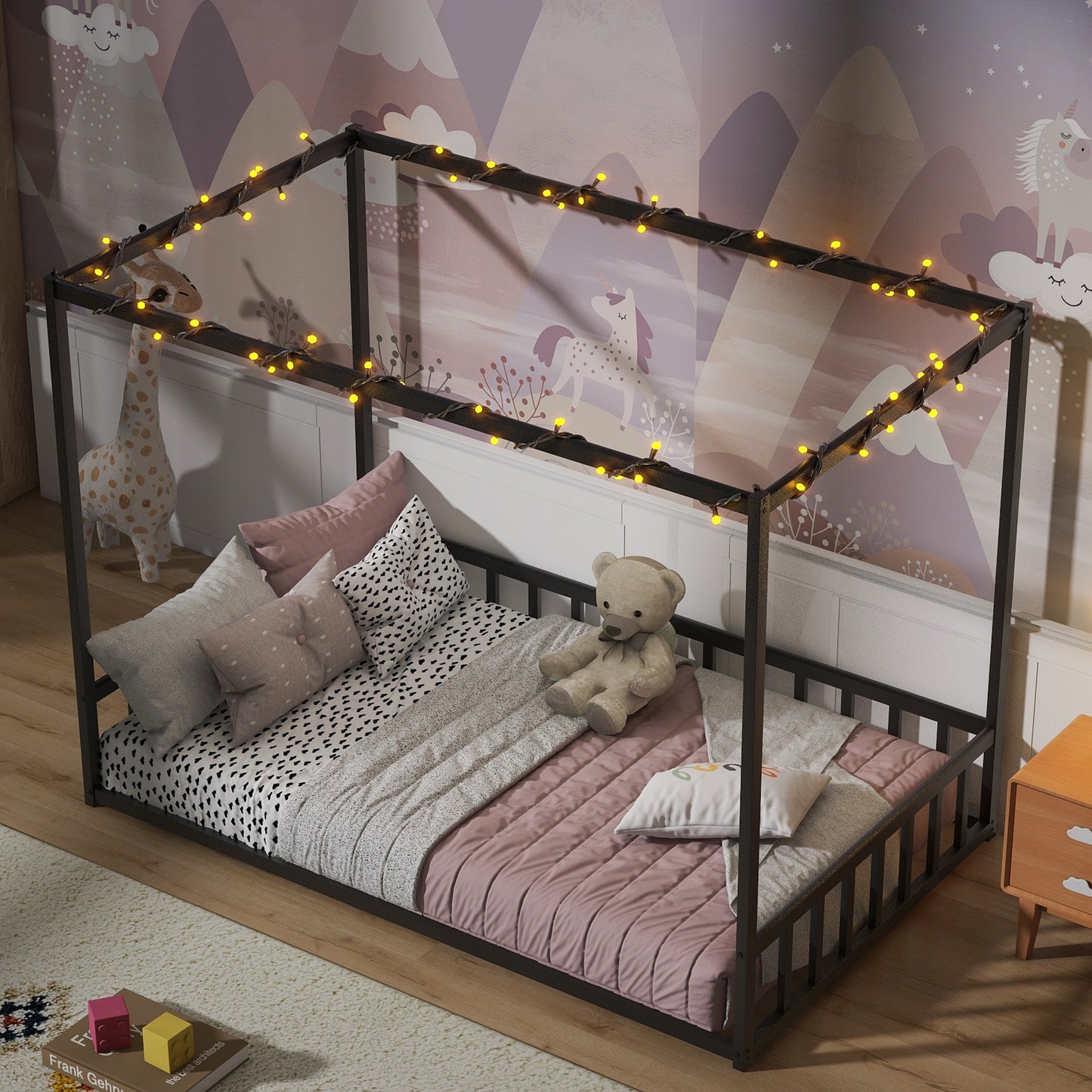 Twin size sunshade floor bed, iron double-size bed frame, modern low-profile double-size bed, equipped with fence-style guardrails, black series image 3