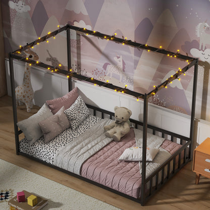 Twin size sunshade floor bed, iron double-size bed frame, modern low-profile double-size bed, equipped with fence-style guardrails, black series image 3