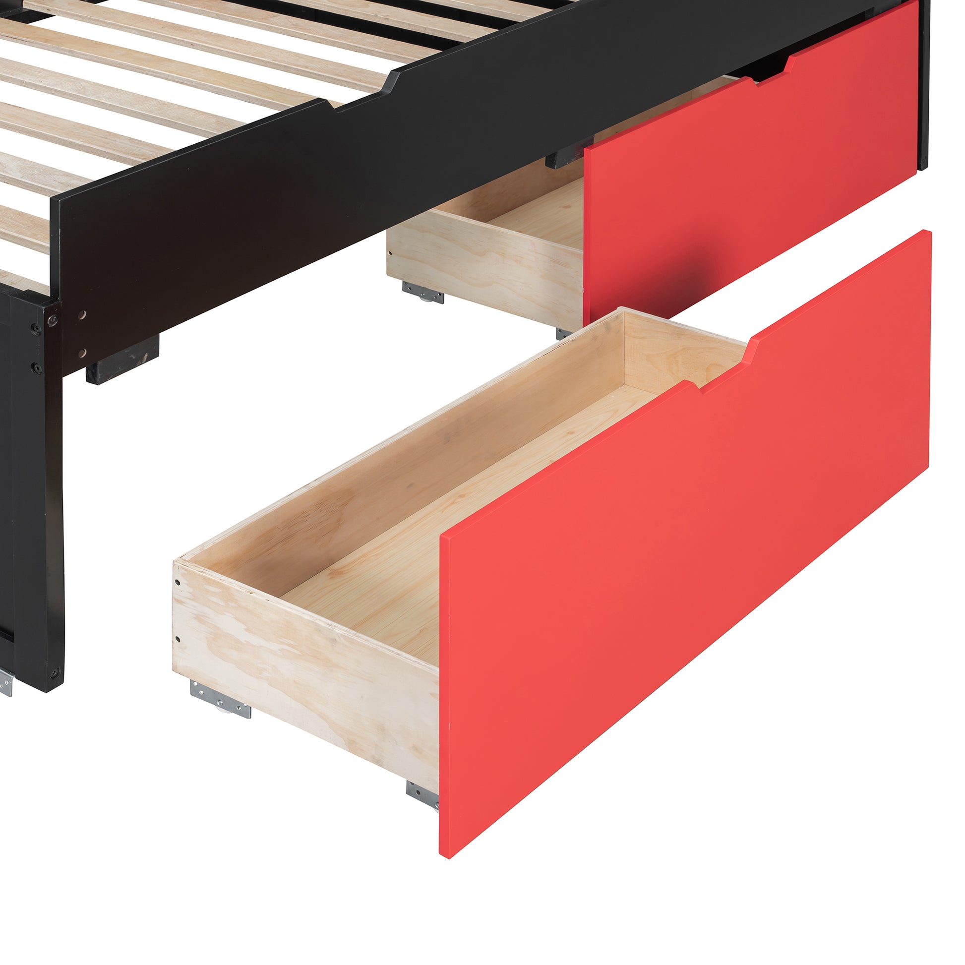 Full XL Loft Bed with Pull-Out Desk and Twin Trundle, Multi-Functional Bunk Bed with 2 Storage Drawers and Storage Steps, Space-Saving Gaming & Workstation Bedframe, Black+Red image 8