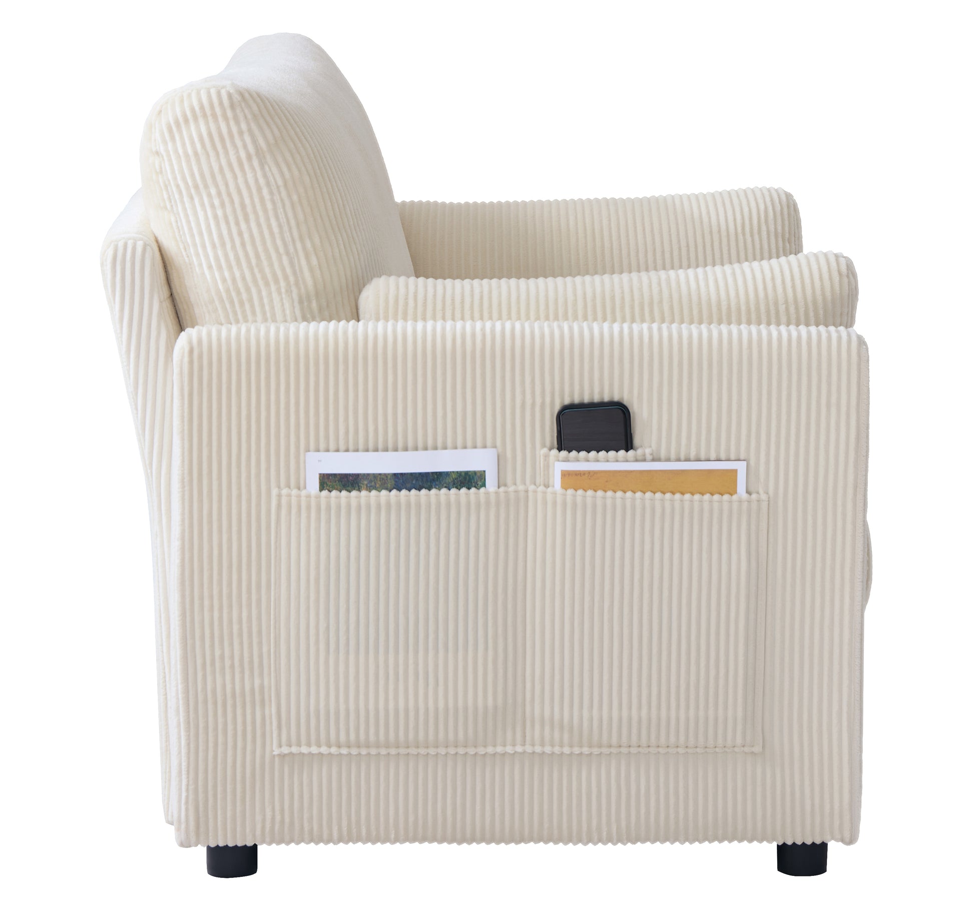 37.75" Corduroy Accent Chair with Side Storage Pockets, Modern Upholstered Single Sofa Armchair with 2 Pillows, Comfy Oversized Reading Chair for Living Room, Bedroom, Apartment image 8