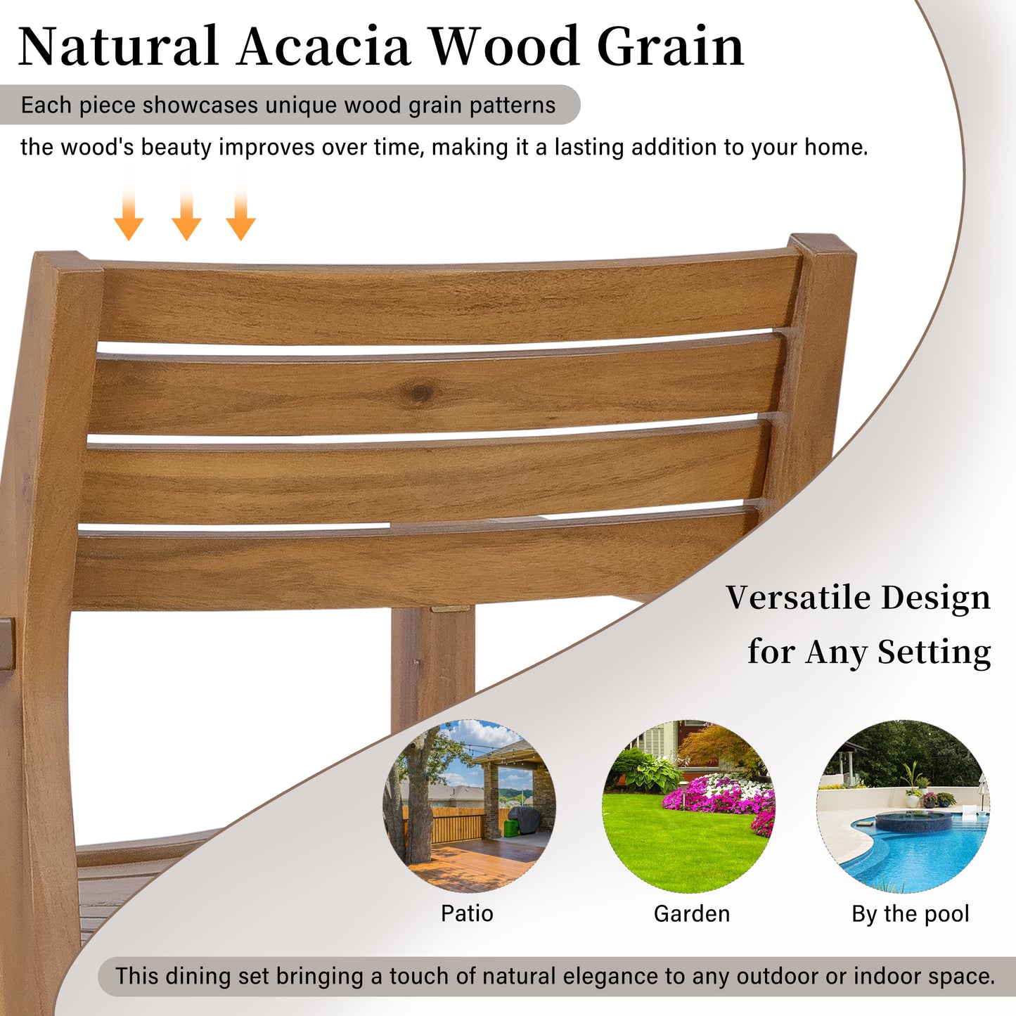 U_STYLE 5-Piece Outdoor Dining Set with 4 Acacia Wood Chairs,47.2" Round Dining Table with Slatted Design, Ideal for Patios, Gardens, Poolsides, and Lawn Areas & Indoor image 6