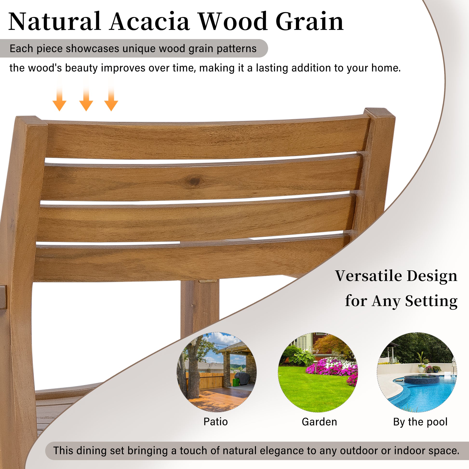 U_STYLE 5-Piece Outdoor Dining Set with 4 Acacia Wood Chairs,47.2" Round Dining Table with Slatted Design, Ideal for Patios, Gardens, Poolsides, and Lawn Areas & Indoor image 6