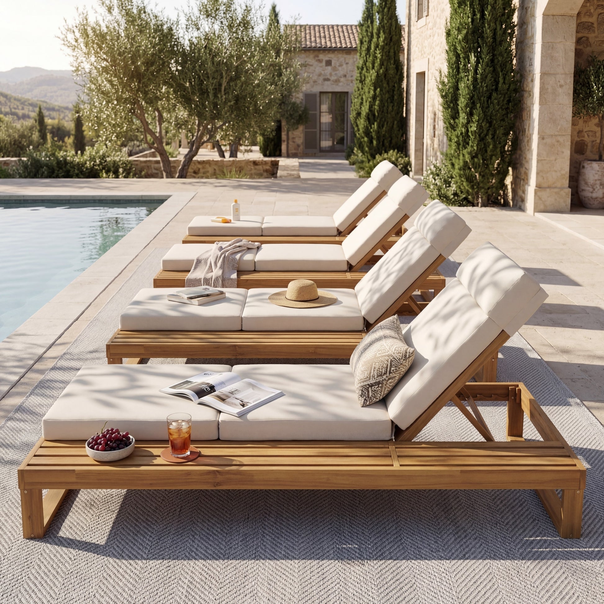 Teak Finish Acacia Wood Chaise Lounge with 4-Inch Beige 4-Fold Cushion Set, Adjustable Outdoor Patio Lounger with Flat Side Surface, for Poolside- Matching cream,dark gray version available image 10