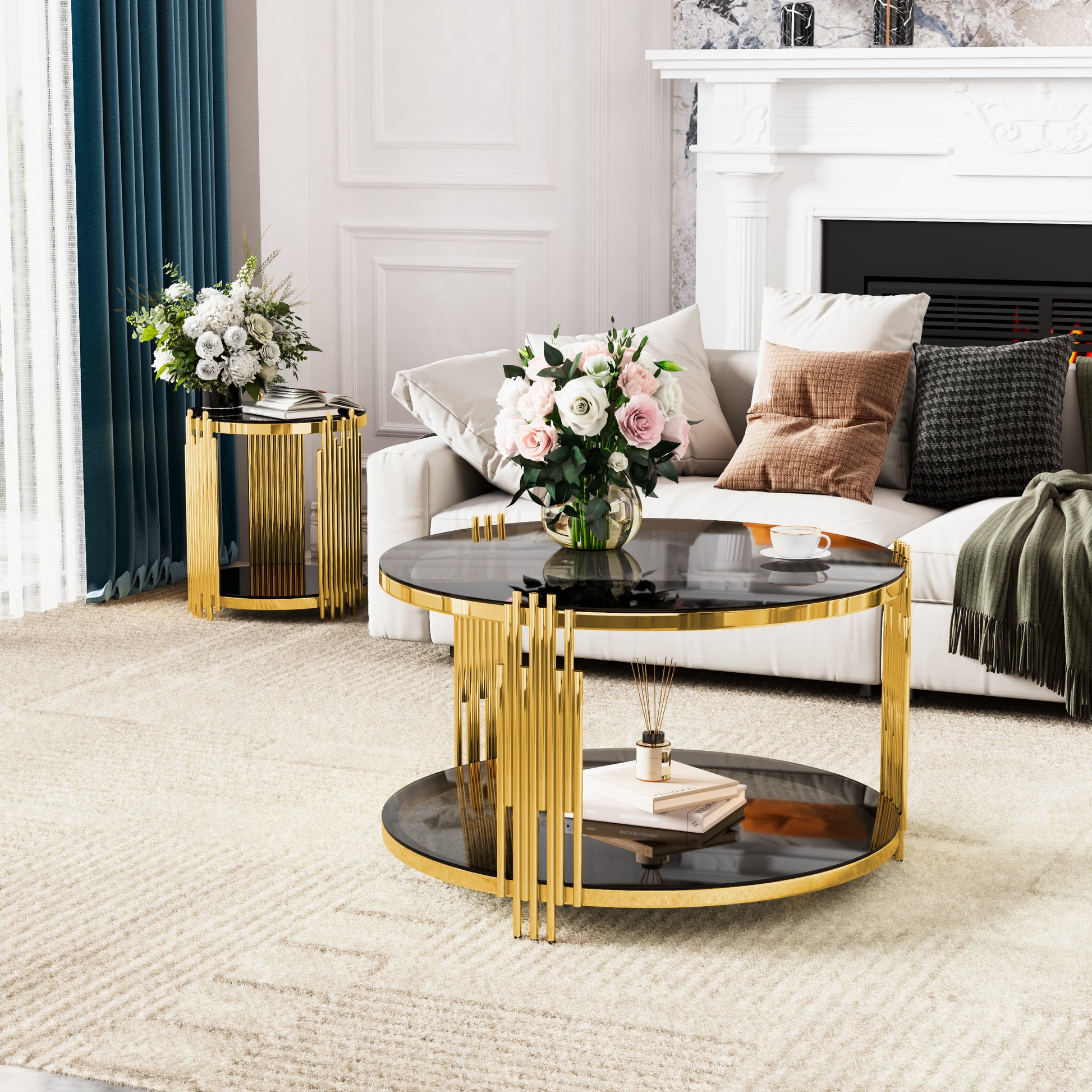 Living Room Table Set of 3 with 1 Coffee Table and 2 End Tables, Round, Tempered Glass, Asymmetrical Metal, Gold Finish & Lower Shelf, 31.5" image 3