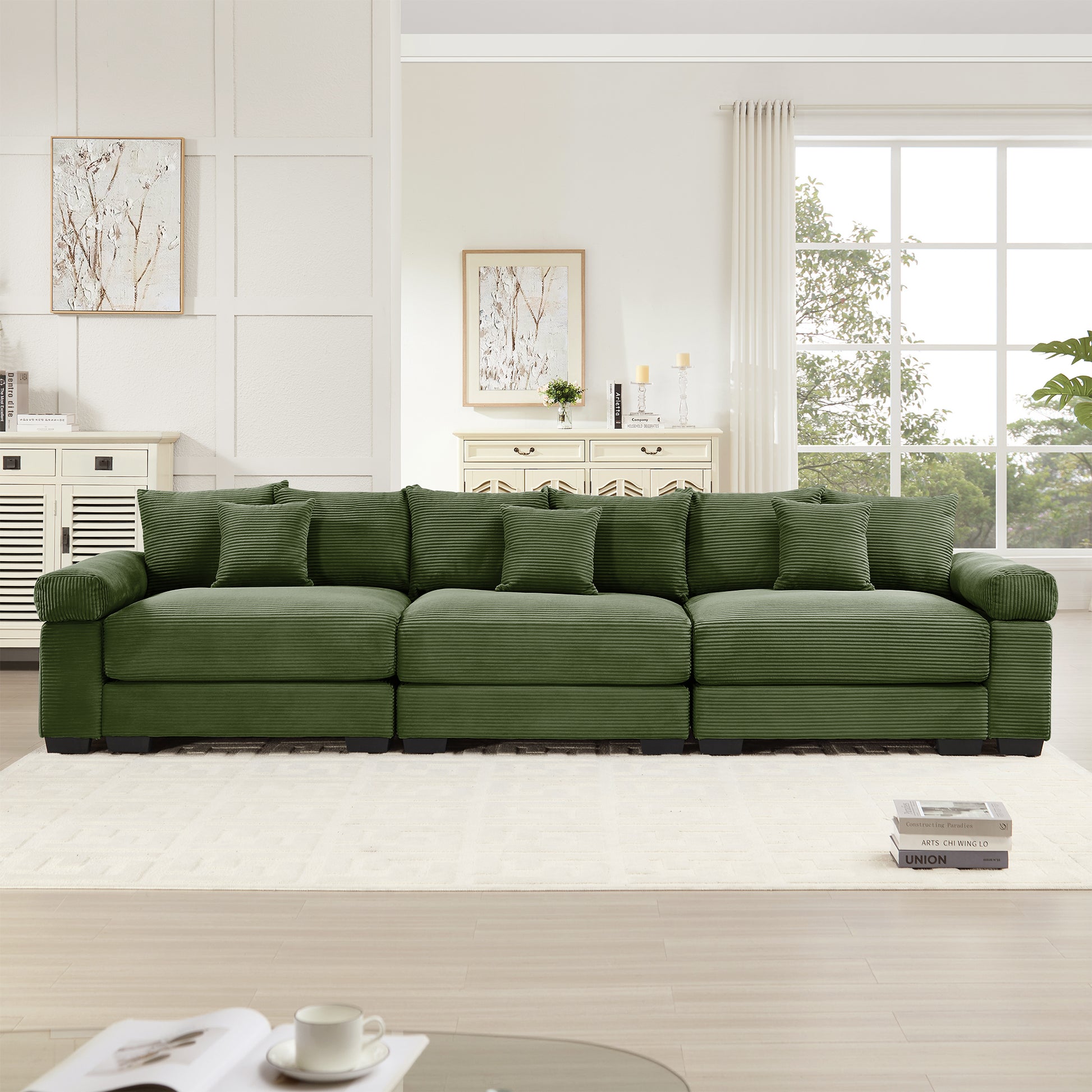 130" Oversized Cloud Modular Sectional Couch,Premium Corduroy 3-Seater Sofa Extra-Thick Armrests Good Resilience Cushion Ergonomic Design,Easy Assembly Suitable For Living Rooms Studies,Green image 3