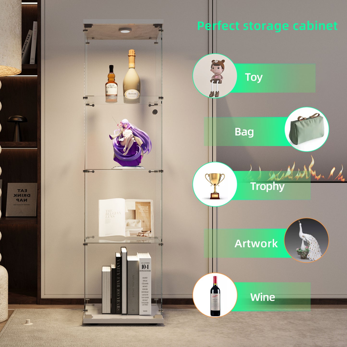 Tempered Glass Display Cabinet,Wine Cabinet,storage Cabinet,File Cabinet,with Battery-powered paipai light,Adjustable Floor Feet,Suitable for uneven ground,Can be placed anywhere,color:white image 6