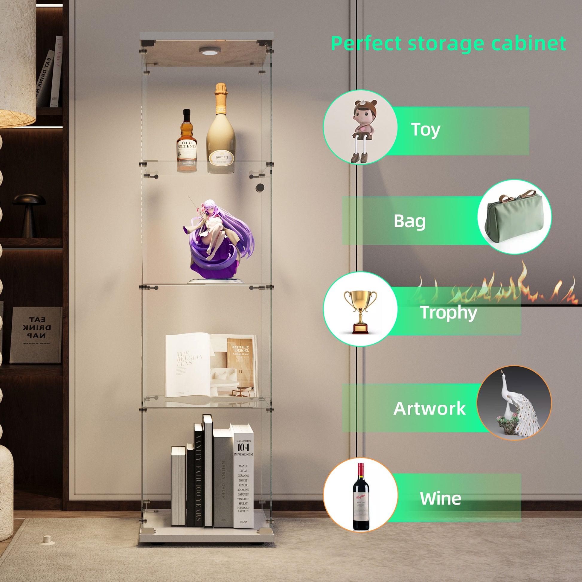 Tempered Glass Display Cabinet,Wine Cabinet,storage Cabinet,File Cabinet,with Battery-powered paipai light,Adjustable Floor Feet,Suitable for uneven ground,Can be placed anywhere,color:white image 6