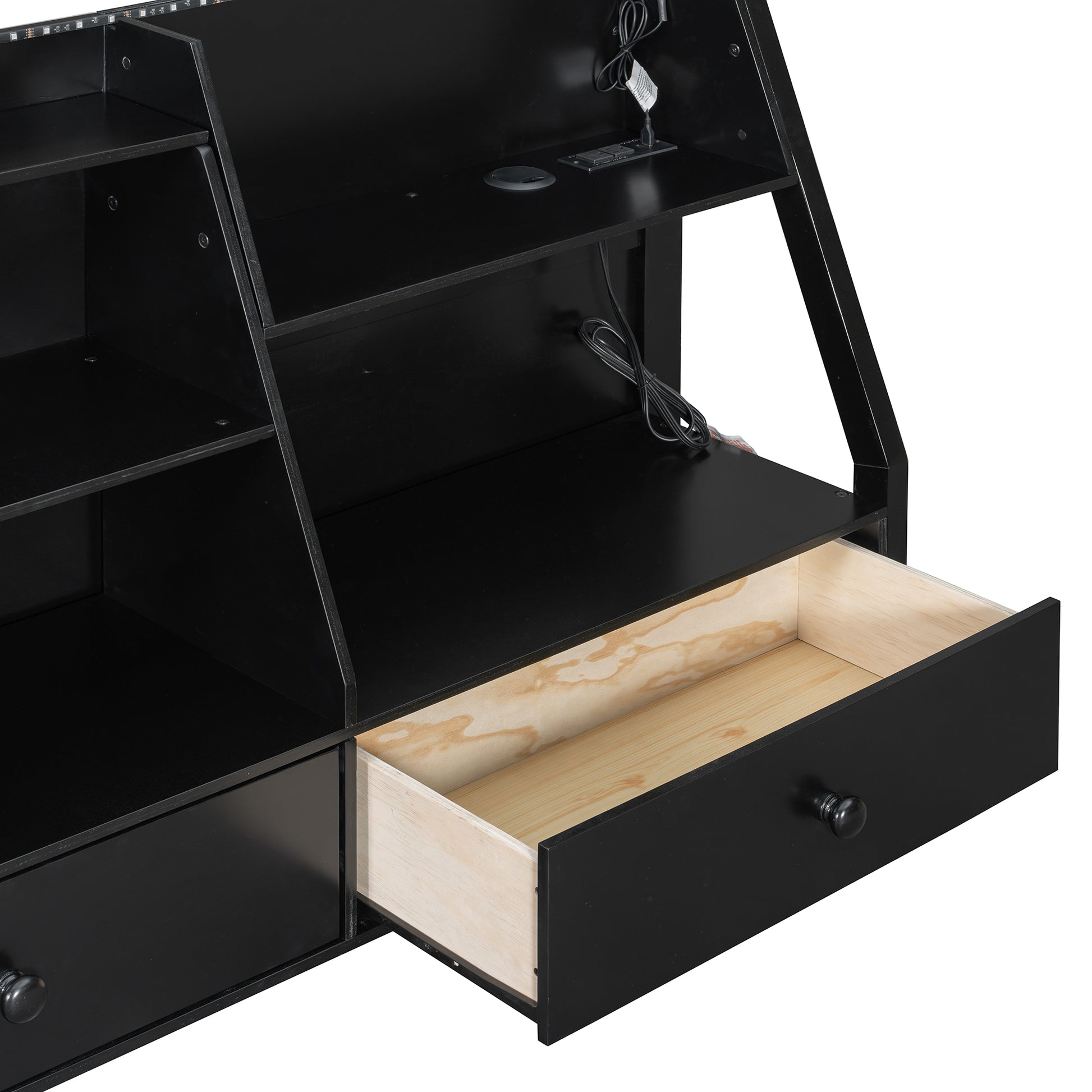 Full Bunk Bed with APP-Controlled LED Lights (7 Colors), USB Ports, Storage Shelves and 2 Drawers, Black image 5