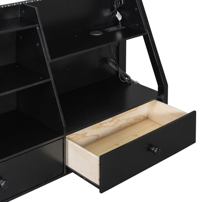 Full Bunk Bed with APP-Controlled LED Lights (7 Colors), USB Ports, Storage Shelves and 2 Drawers, Black image 5