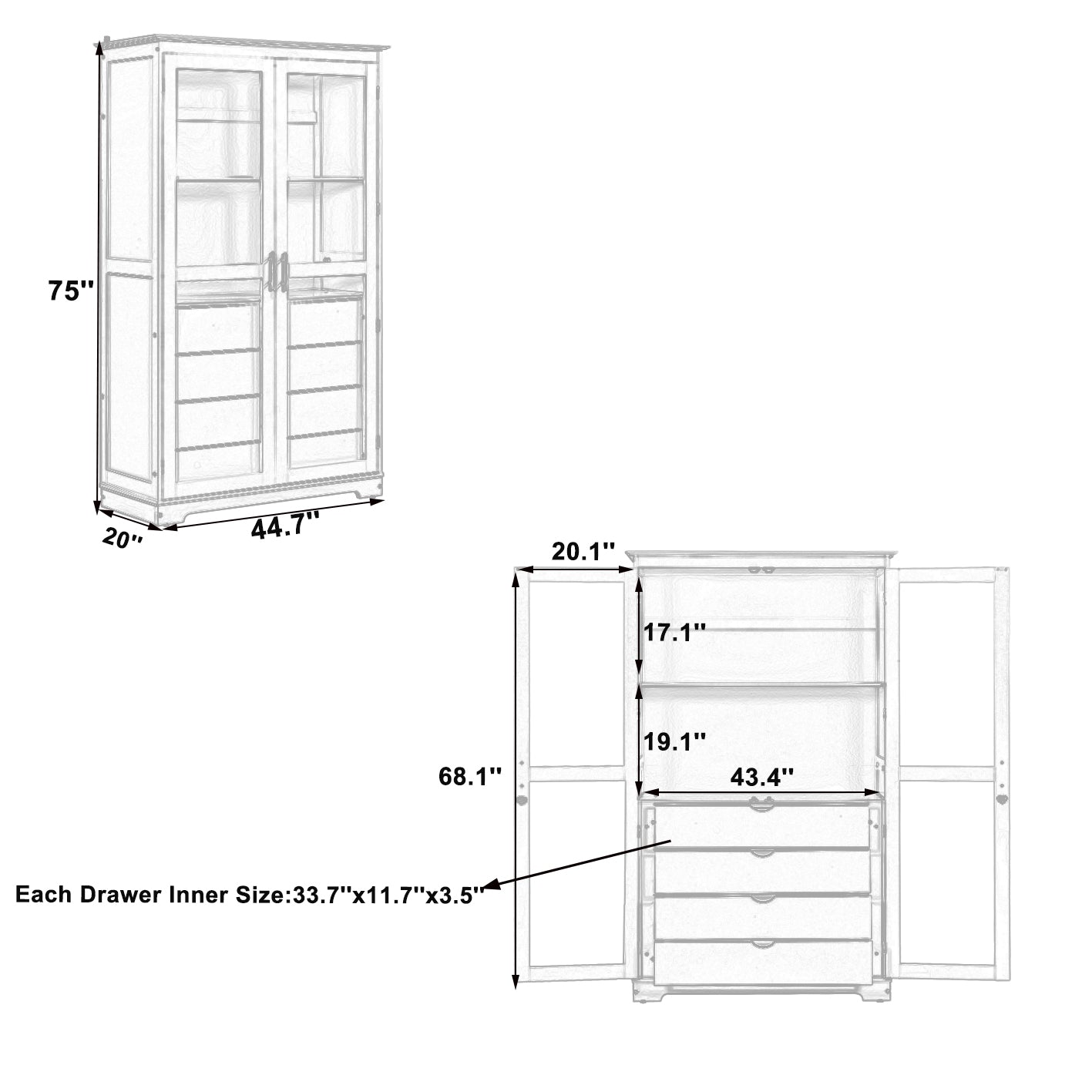 TOPMAX 44.7x20x75inch Kitchen Pantry, Freestanding Kitchen Storage Cabinet Display Cabinet with Glass Doors and 4 Built-in Drawers for Living Room, Home Office, Natural image 11
