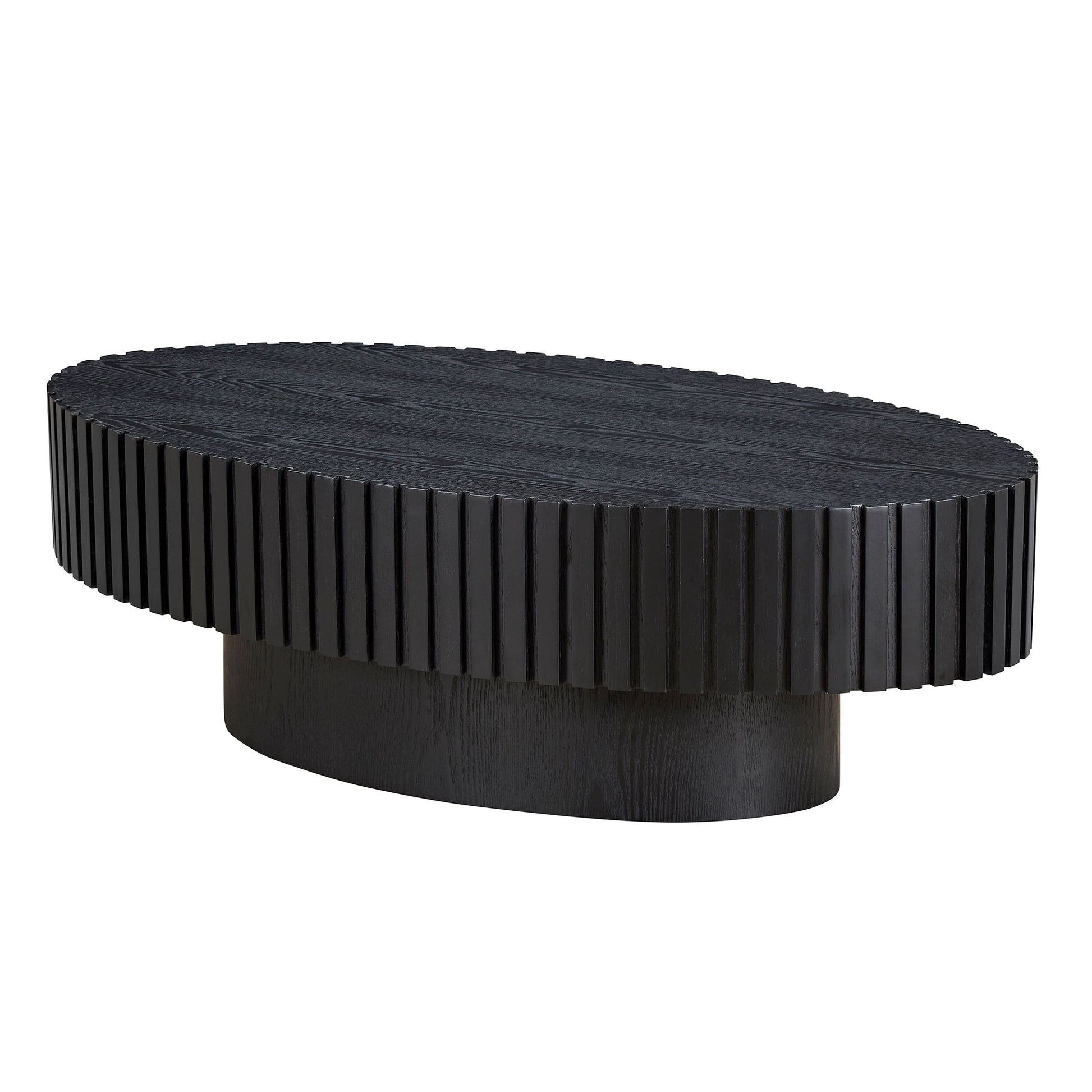 Modern Handcraft Drum Coffee Table Length 43.7 inch Ellipse Coffee Table for Living Room,Oval Small Coffee Table with Sturdy Pedestal,Black MDF image 3