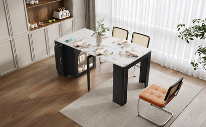 TREXM Extendable Dining Table with 3 Removable Middle Leaves, Mobile Rolling Island Table with Power Outlet, Saving-space Cabinet with Storage for Dining Room and Living Room (BLACK AND MARBLE WHITE) image 7