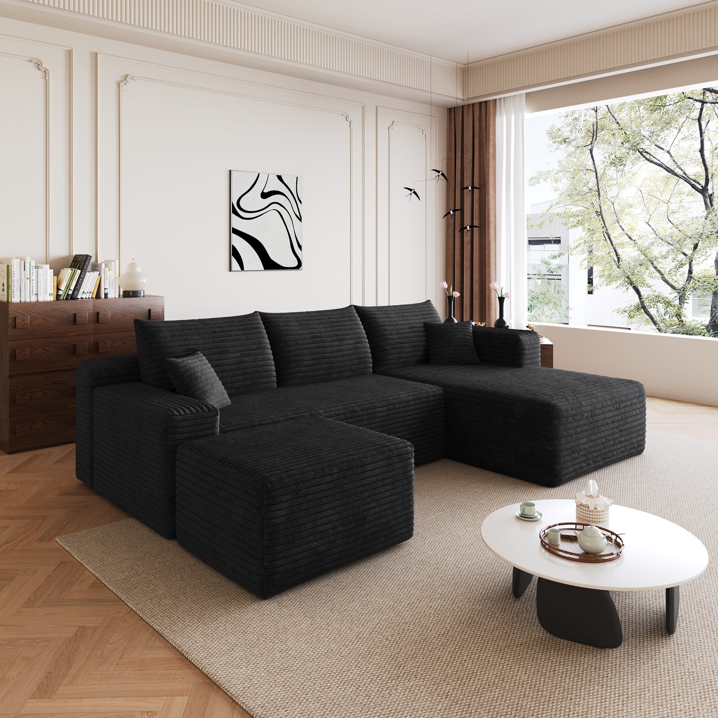 95" Cloud Sectional Sofa with 1 Ottoman,Modern Minimalist Upholstered Couches, Comfort U Shaped Sofa for Living Room,Deep Seat Corner Couch,No Assembly Required,Black (Plush Corduroy Fabric) image 7