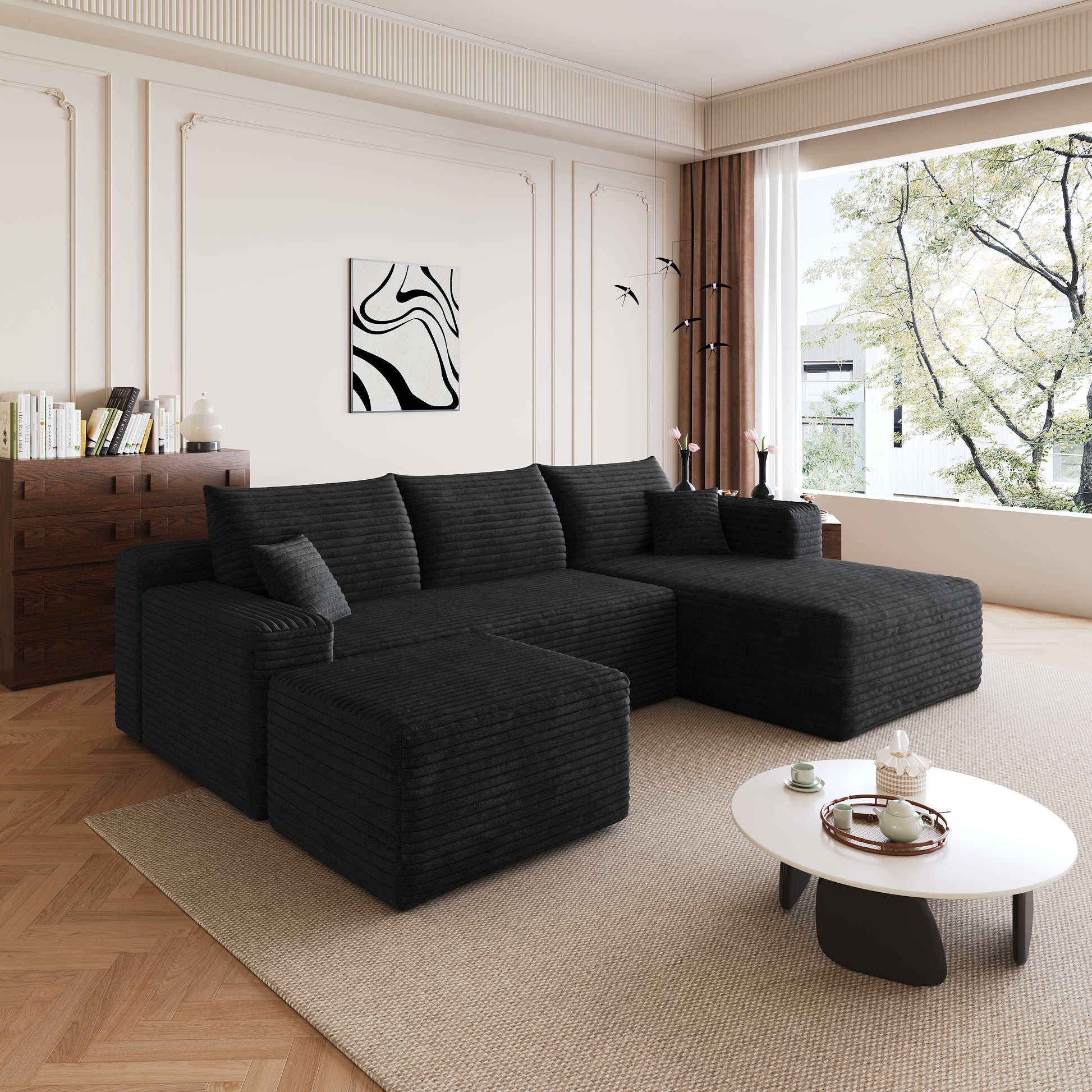 95" Cloud Sectional Sofa with 1 Ottoman,Modern Minimalist Upholstered Couches, Comfort U Shaped Sofa for Living Room,Deep Seat Corner Couch,No Assembly Required,Black (Plush Corduroy Fabric) image 7