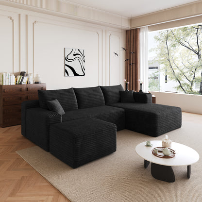 95" Cloud Sectional Sofa with 1 Ottoman,Modern Minimalist Upholstered Couches, Comfort U Shaped Sofa for Living Room,Deep Seat Corner Couch,No Assembly Required,Black (Plush Corduroy Fabric) image 7