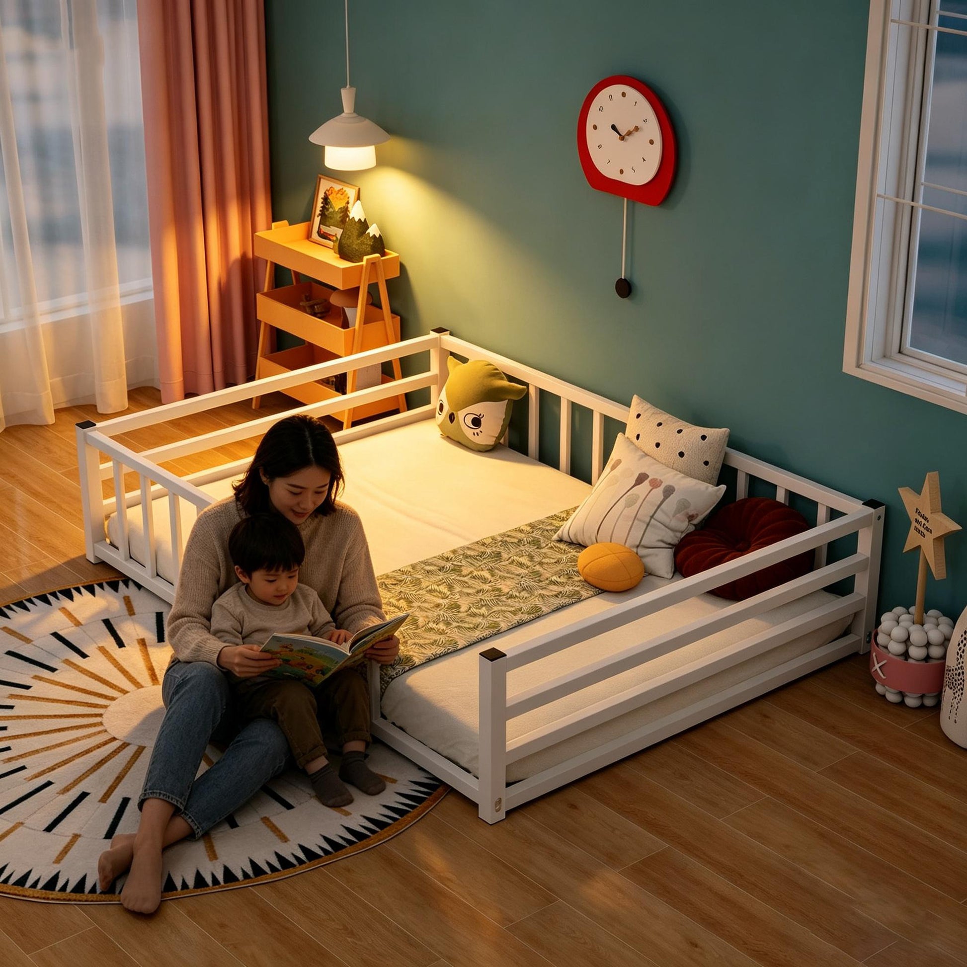 Full Size Floor Bed, Low Profile Metal Platform with Heavy Duty Guardrails, No Box Spring Needed, White image 8