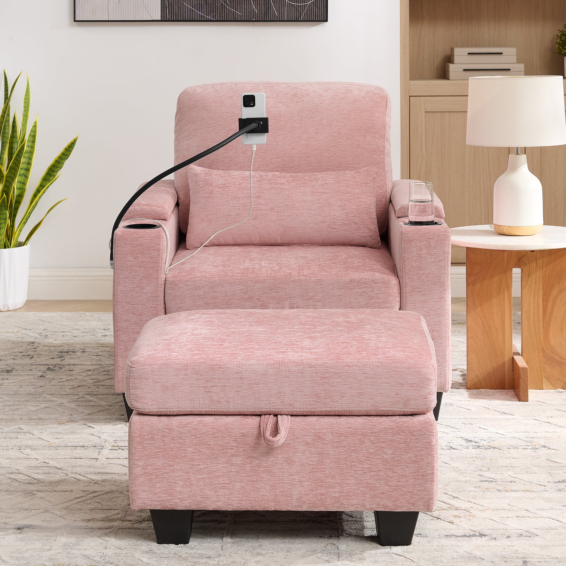 Single sofa recliner with manually adjustable backrest, USB charging port on the armrest side, phone stand included, hidden armrest storage, and a matching storage ottoman-Pink image 5