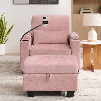 Single sofa recliner with manually adjustable backrest, USB charging port on the armrest side, phone stand included, hidden armrest storage, and a matching storage ottoman-Pink image 5