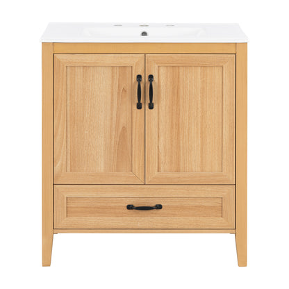 [Video] 30" Natural Wood Grain Bathroom Vanity with Ceramic Sink Top, Solid Wood Legs, Soft-Close Double Doors & Bottom Drawer, Adjustable Interior Shelf, Door-mounted Organizers image 10