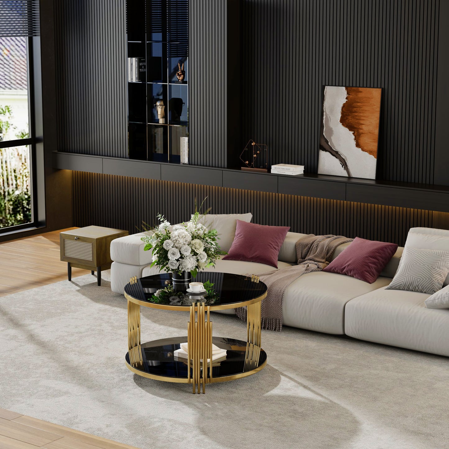 Modern Black Mirror Coffee Table, Asymmetrical Metal, Circular Metal Drum Base, Gold Finish & Lower Shelf image 5