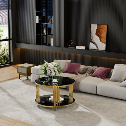 Modern Black Mirror Coffee Table, Asymmetrical Metal, Circular Metal Drum Base, Gold Finish & Lower Shelf image 5