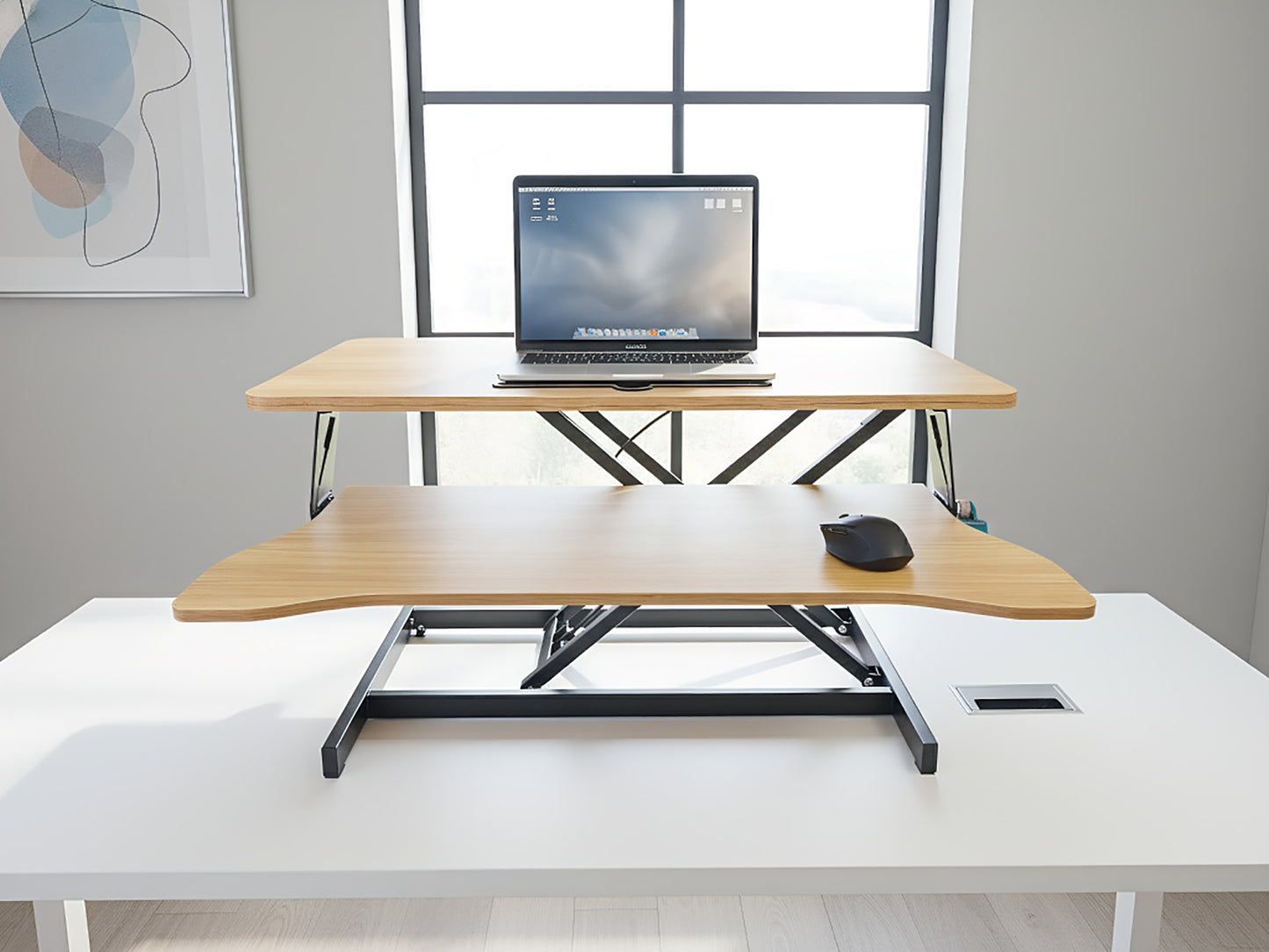 32 Inch Desk Converter, Height Adjustable Sit to Stand Riser, Dual Monitor and Laptop Workstation with Wide Keyboard Tray, Standing Computer Desk, Natural Color image 5