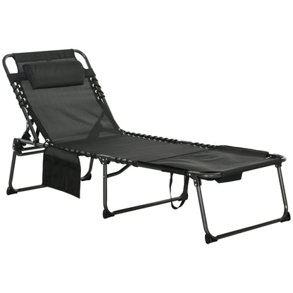 Outsunny Folding Chaise Lounge with 5-level Reclining Back, Outdoor Tanning Chair with Reading Face Hole, Outdoor Lounge Chair with Side Pocket & Headrest for Beach, Yard, Patio, Black image 1