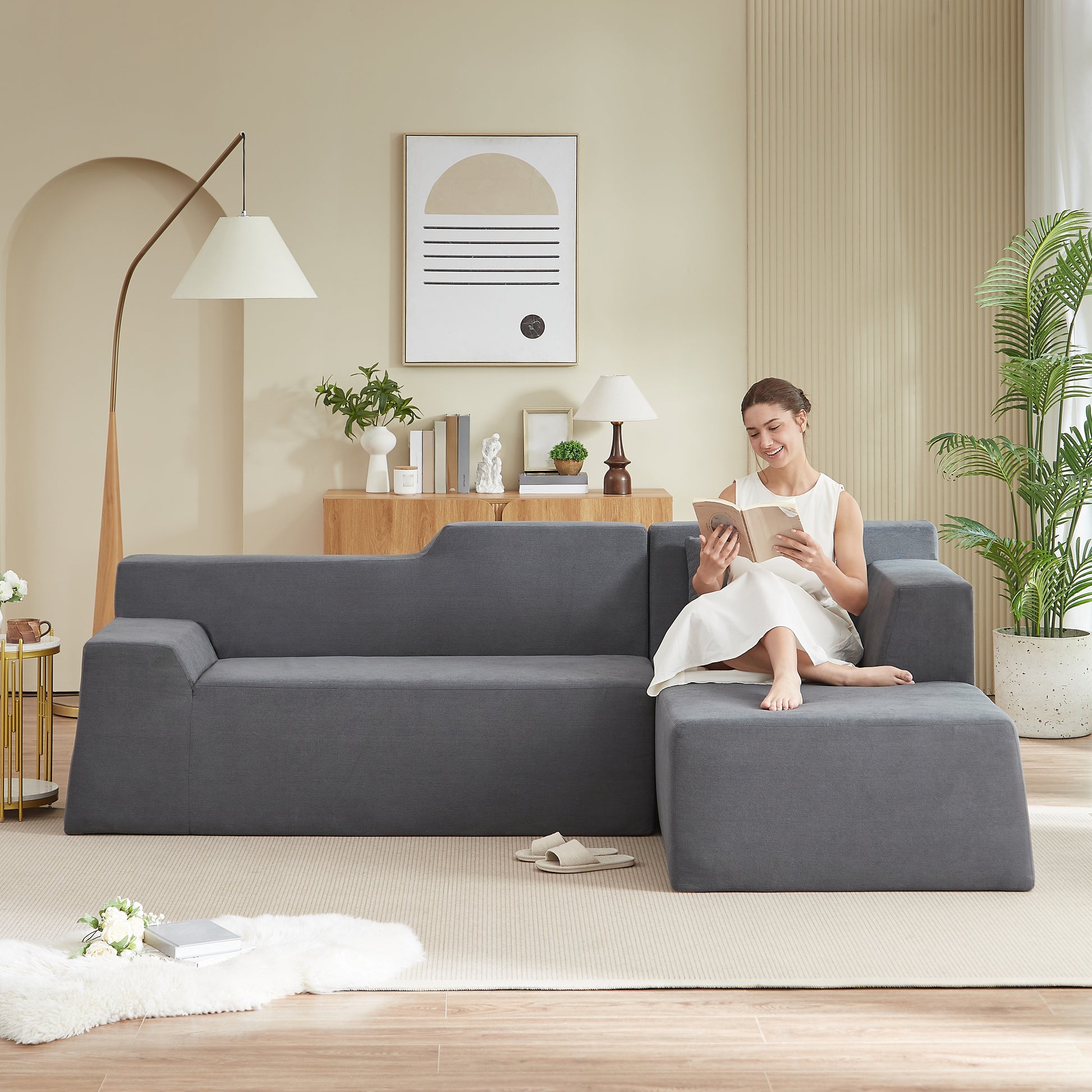 Modern minimalist L-shaped corduroy high back sofa image 2