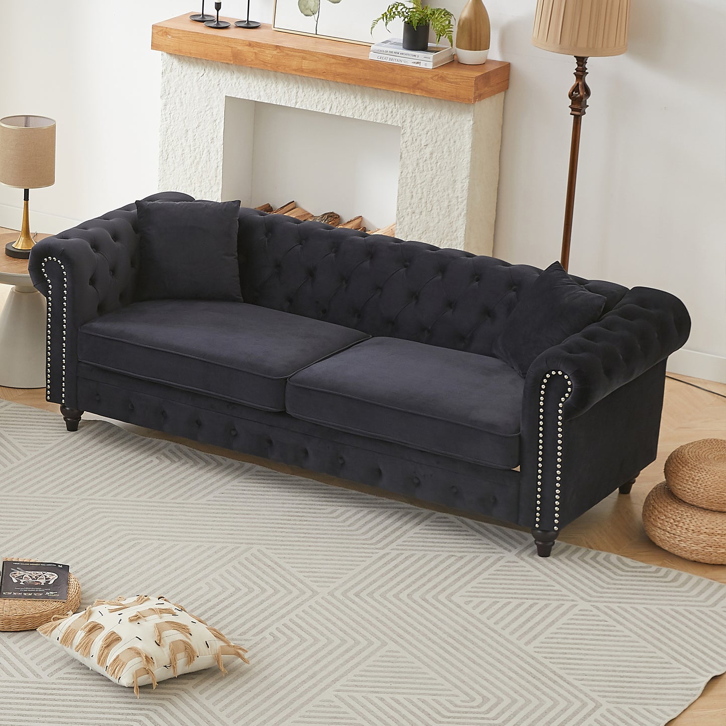 FX 85.5"Living Room with velvet Chesterfield Sofa with Rolled Arms 3 Seater Sofa with Button Design and 2 Cushions for Apartment, Office, Living Room W1926S00064 image 6