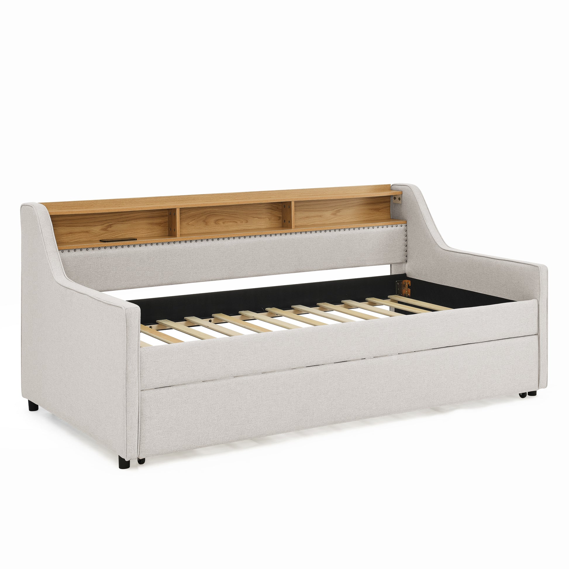 Twin Size Upholstery Sofa Bed with Three LED lights, with Storage Adjustable Headboard, with Foldable Leg Pull up Trundle Bed and Wireless Charging, Linen Padded Sofa Bed frame, Beige image 9