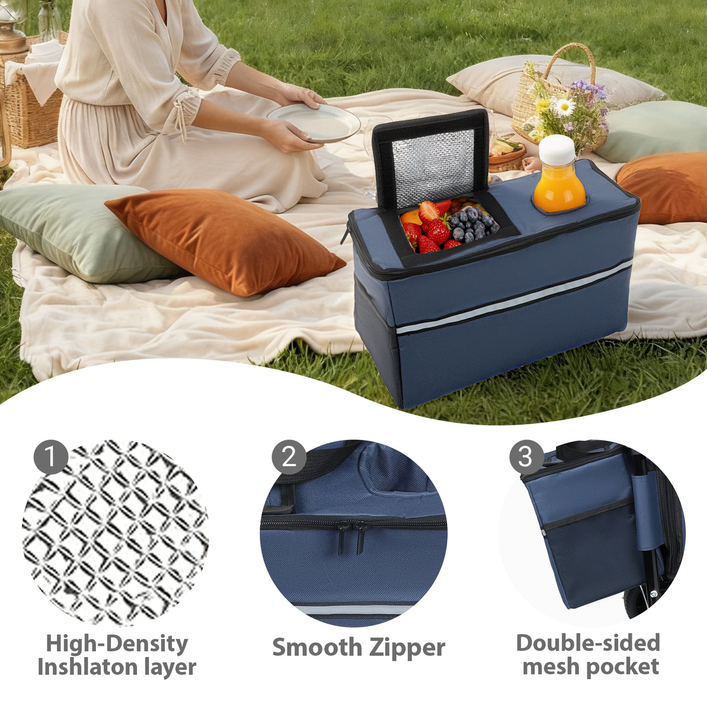 3-in-1 Folding Wagon Cart with Bench Seat & Storage, patent protection- Includes 1 ice pack, 500lbs Heavy-Duty, 180L Capacity All-Terrain Wheels for Camping, Beach, Sports, Garden, dark blue image 9