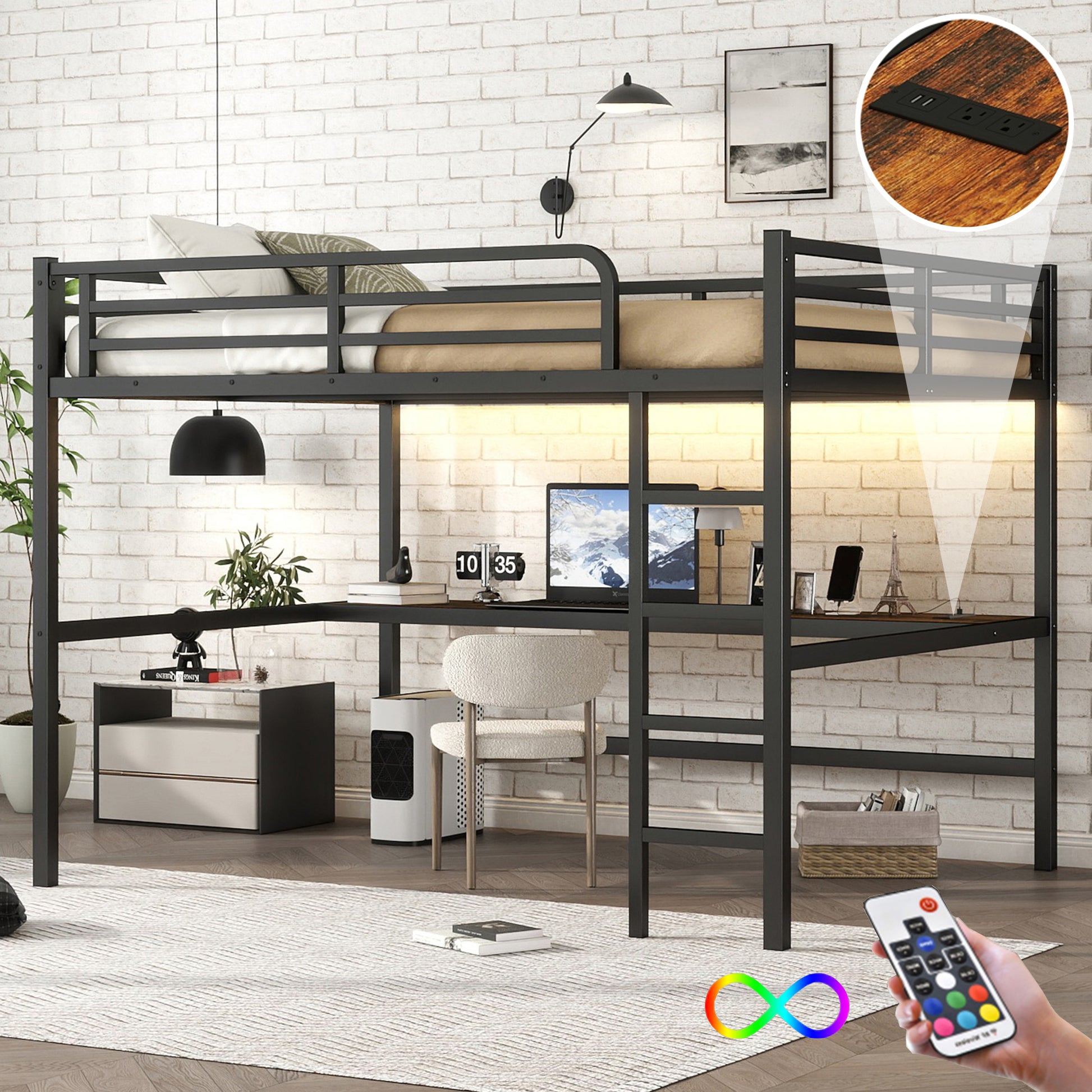 Metal Queen Size Loft Bed with Power Outlet and LED Lighted, Space-Saving, Noise Reduced, Black image 1