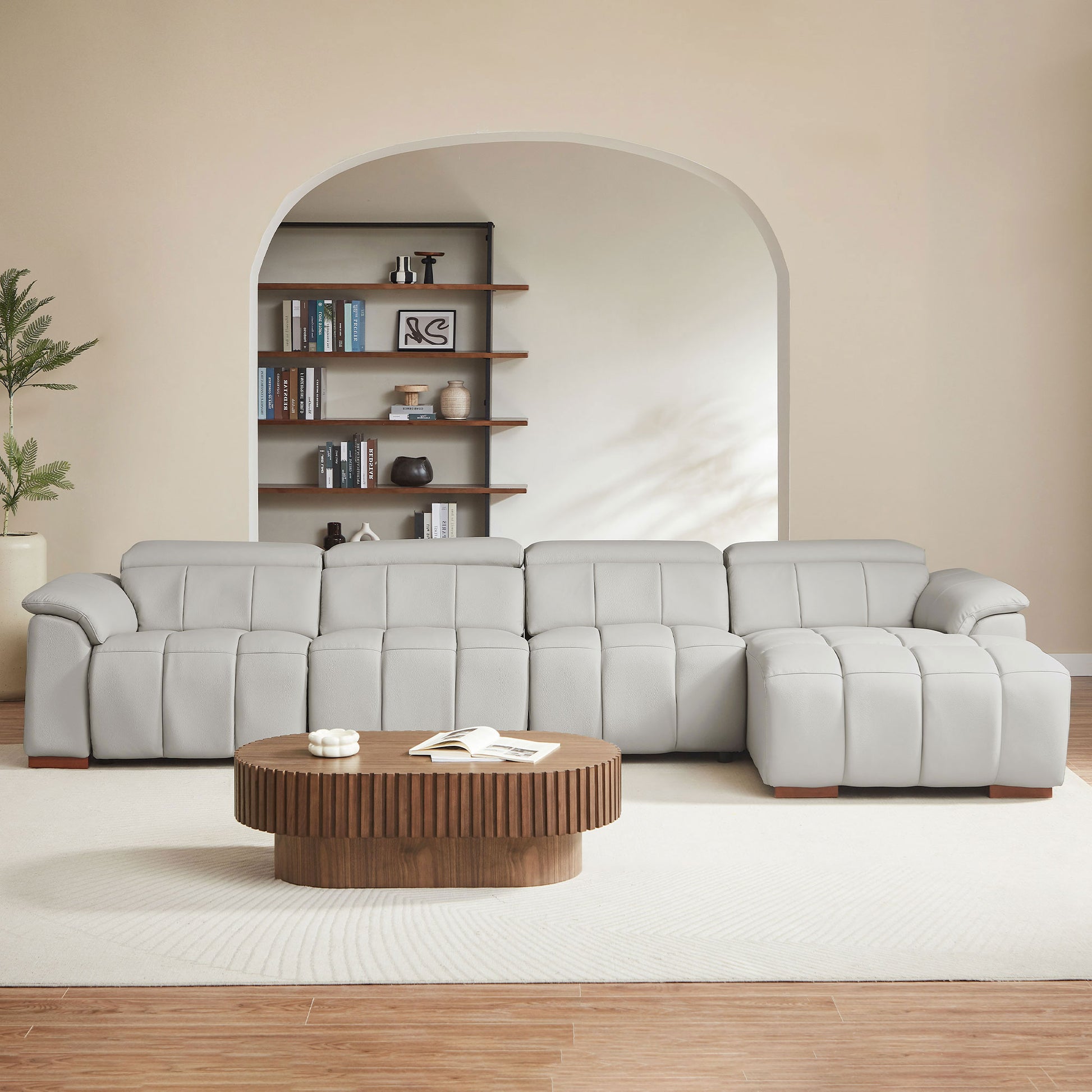 4 Seats Wall-Hugger Reclining Sofa Modern Electric Control Genuine Leather L Shaped Couch,Lounge Seat Theater Seating Furniture with USB Port, Sofa with Headrest & Footrest for Living Room,Apartment image 2