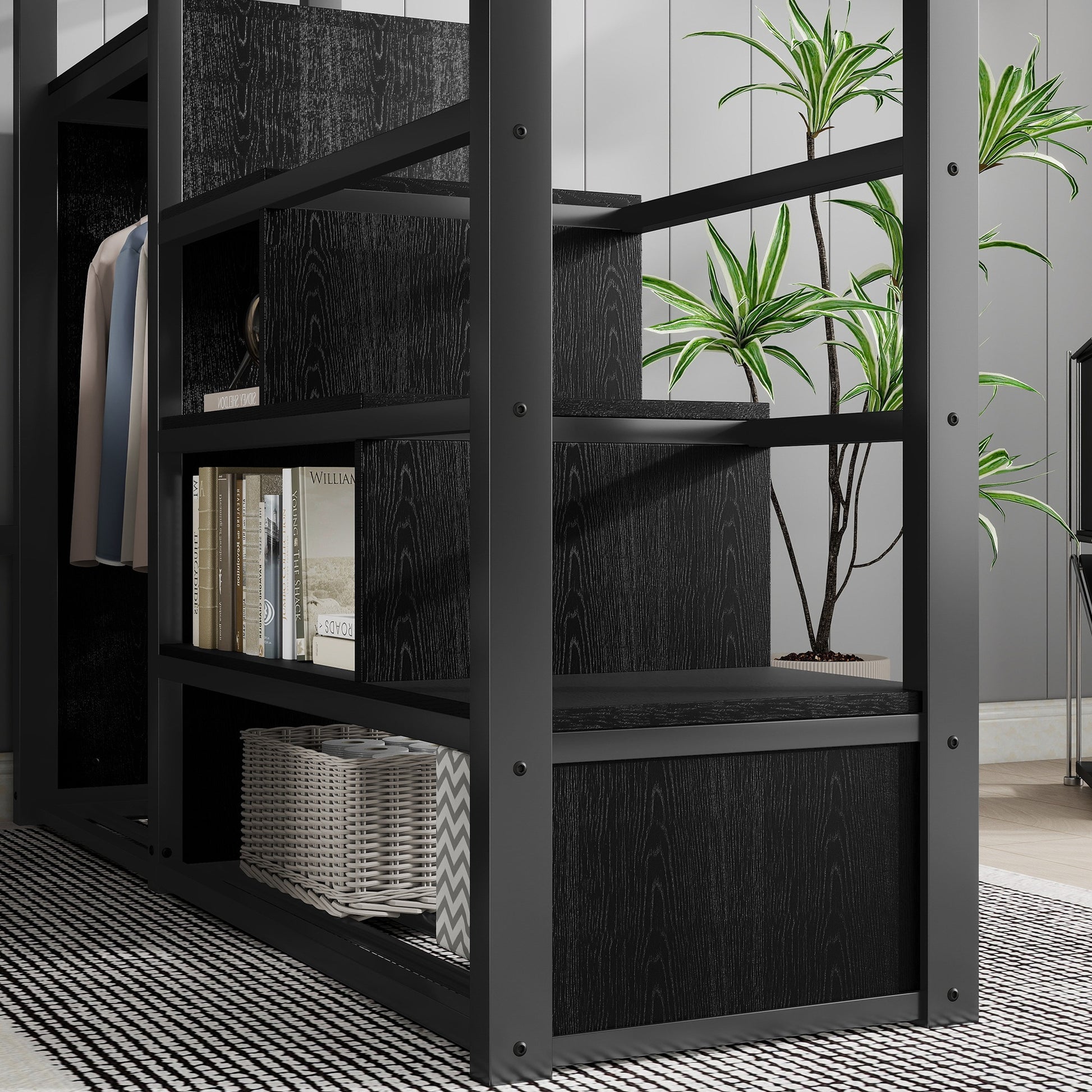 Full Size Loft Bed with Stairs, Metal Full Loft Bed with Storage Shelves, High Loft Bed with Wardrobe for Kids Teens, Black(Old skuW2580S00037) image 5