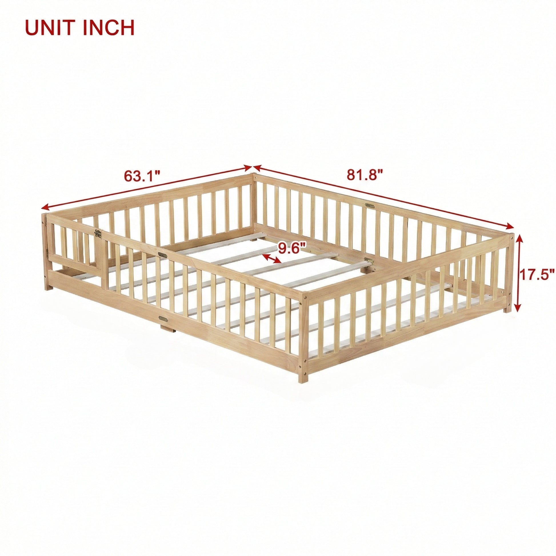 Queen Size Floor Bed with Fence,Door,Rubber Wood Floor Bed with Safety Guardrails,Natural (Old Sku W504P286389) image 9