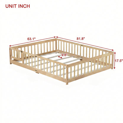 Queen Size Floor Bed with Fence,Door,Rubber Wood Floor Bed with Safety Guardrails,Natural (Old Sku W504P286389) image 9