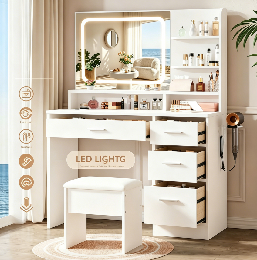 Elegant vanity includes lighted mirror and storage drawers; white makeup table for women; suitable for various settings including bedrooms, living rooms, and dorms image 7