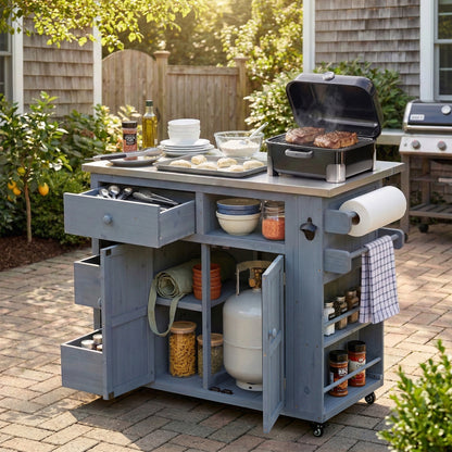 TOPMAX Outdoor Solid Wood Extendable 19.3''/28'' Kitchen Island, Stainless Steel Top Grill Table with Side Spice Rack, Kitchen Cart with Drawers, Storage Cabinet for Backyard, BBQ,Party, Gray image 1