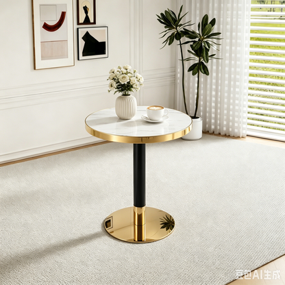 23.6" Round MDF sprayed with UV paint countertop, marble texture, stainless steel edging, metal table legs, modern light luxury edge/coffee table. image 7