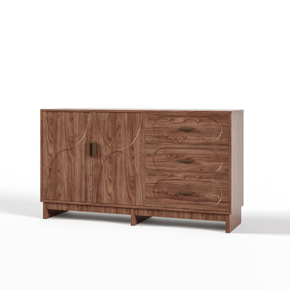 59.1" Buffet Sideboard with 2 Doors and 3 Drawers, Walnut Finish with Oval Grain Texture, Farmhouse Storage Cabinet for Dining Room Living Room Hallway, Large Space Accent Furniture, Easy Assembly image 6