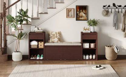 TREXM All-in-One Entryway Storage Bench with Cushion, Compartments, Drawers & Open Shelves, Storage Bench for Hallway, Mudroom, Living Room(Espresso) image 3