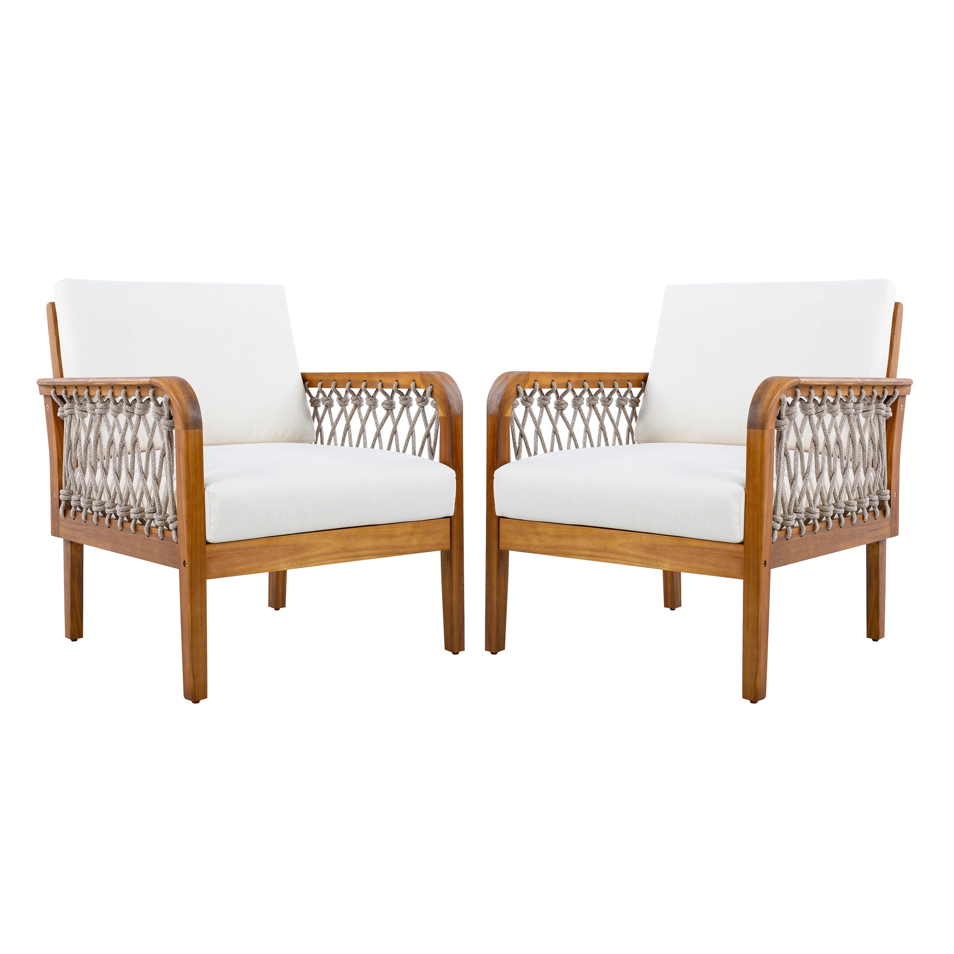 Outdoor Acacia Wood Club Chair with Handwoven Rope(Set of 2), Teak Finish image 4