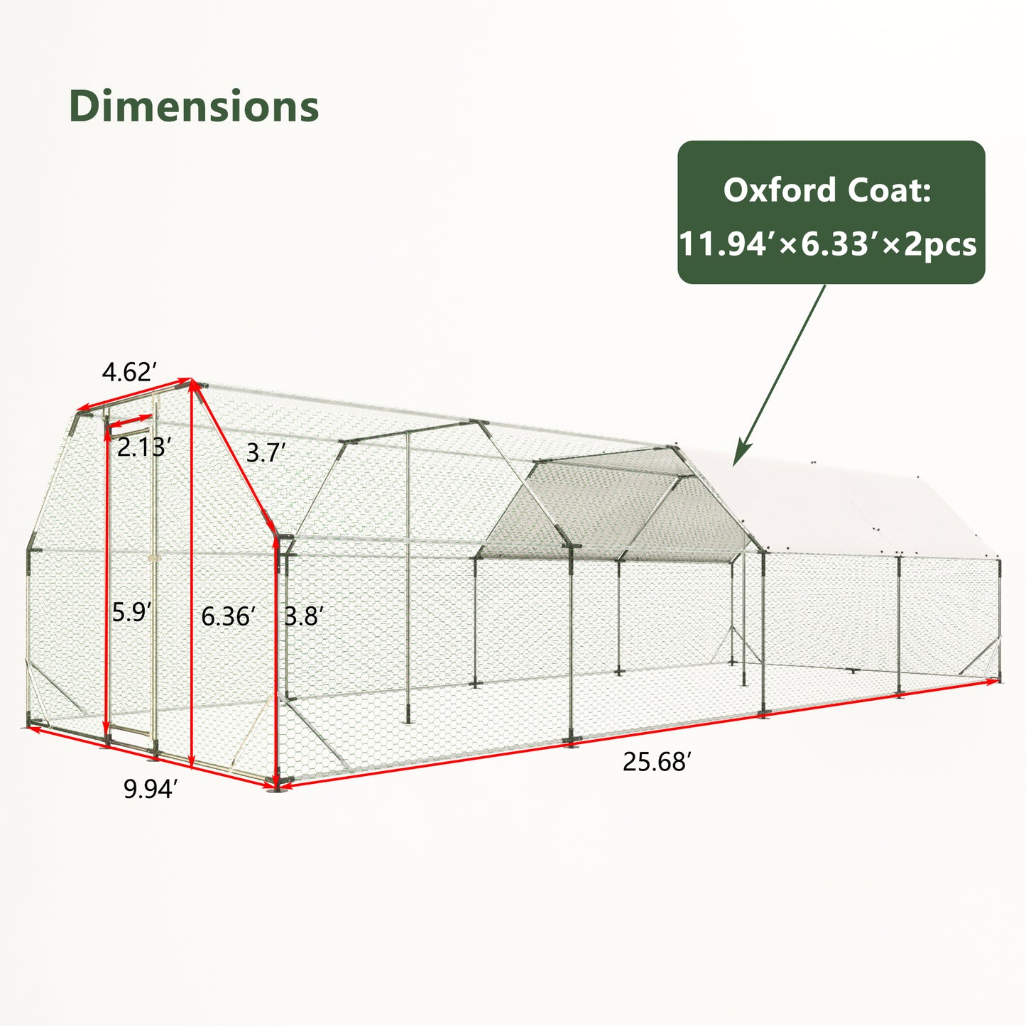 9.94 ft. x 25.68 ft. Galvanized Large Metal Walk in Chicken Coop Cage Farm Poultry Run Hutch Hen House image 2
