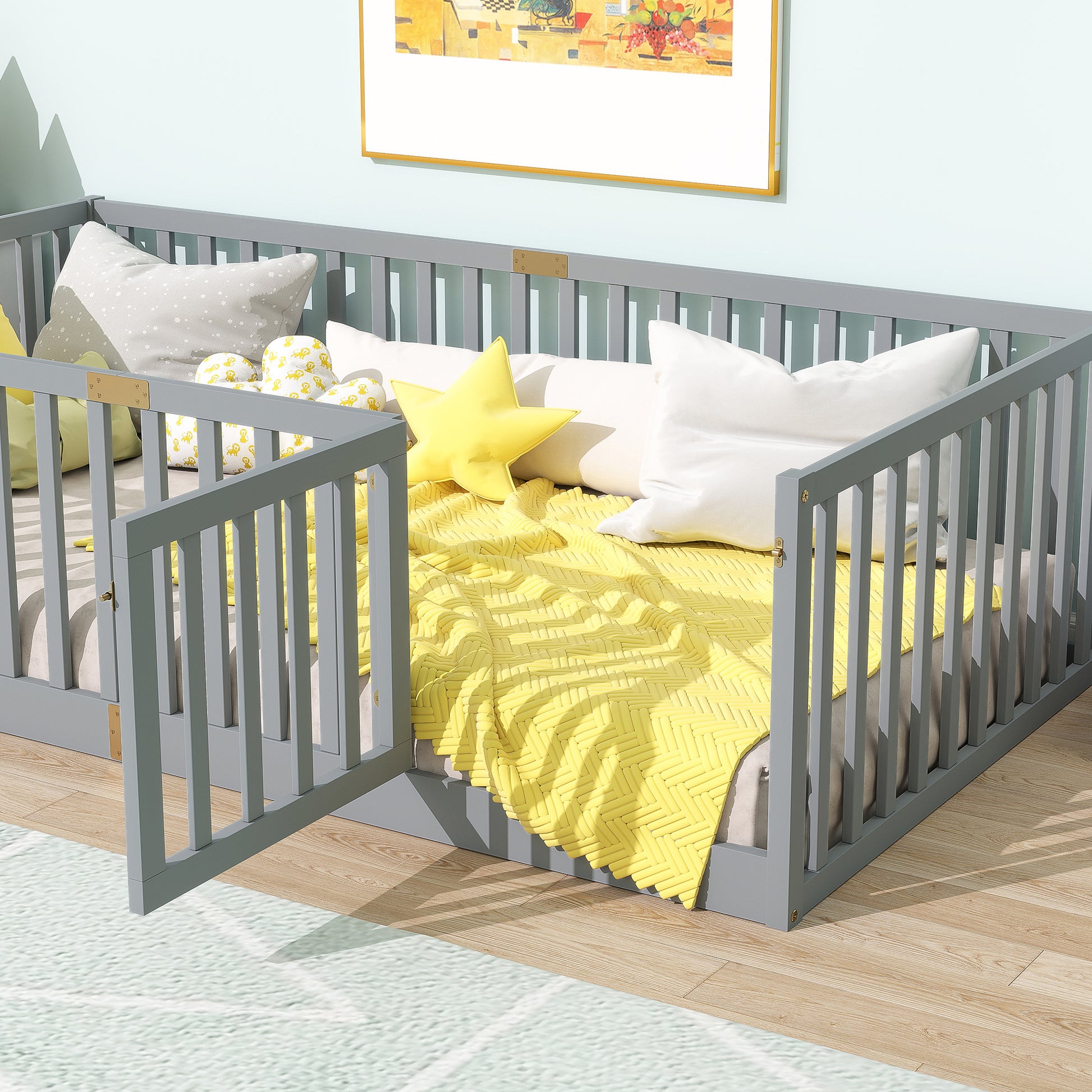 Twin Size Floor Bed with High Fence Railings, with Door, Rubber Wood Floor Bed with Safety Guardrails,Grey image 4