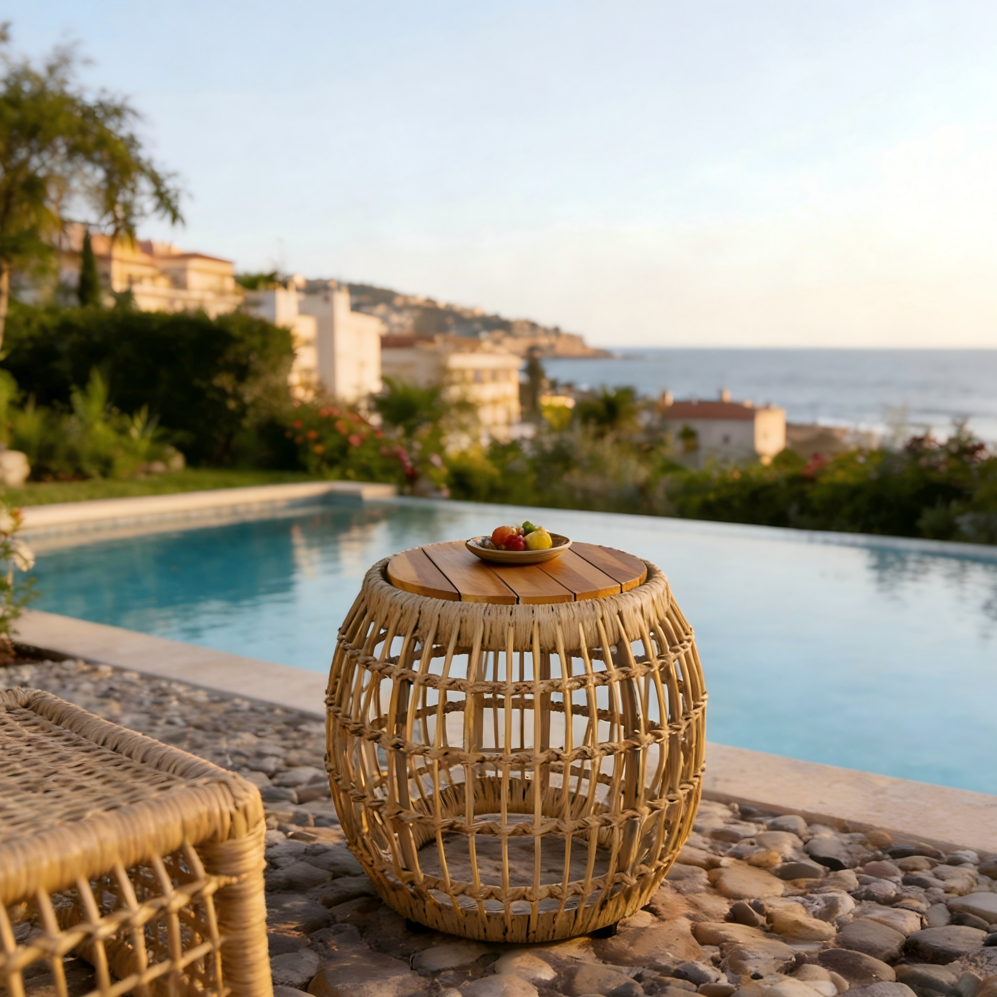 Acacia Wood Outdoor Side Table with Wicker Base - Light Brown, Round 16.15" Outdoor Accent for Patio, Garden, Balcony & Indoor Use image 4