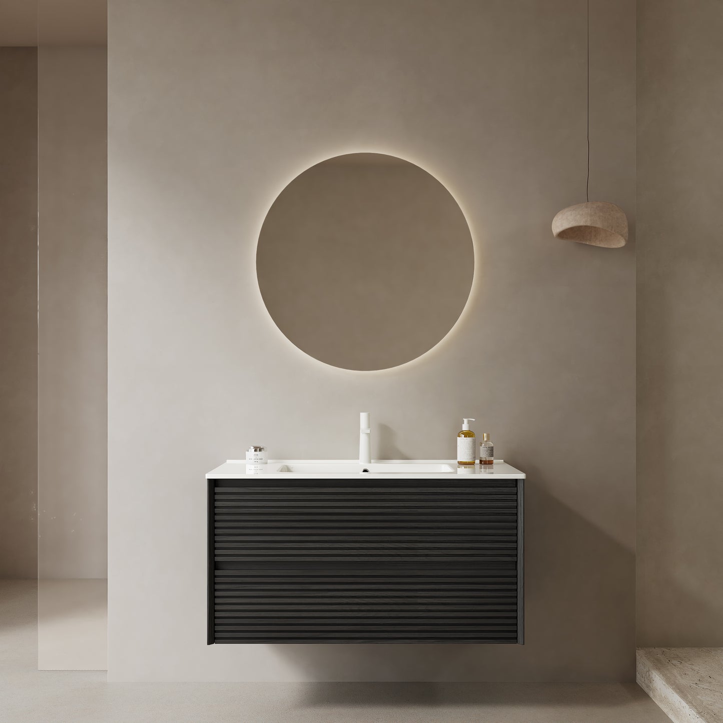 BRON 36" Bathroom Vanity with Sink, Modern Wall-Mounted Floating Plywood Bathroom Cabinet with 2 Drawers, White Ceramic Basin with Sink Hole Cover and Drain, Pre-assembled, Dark Oak Woodgrain Color image 1