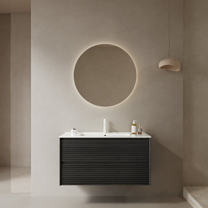 BRON 36" Bathroom Vanity with Sink, Modern Wall-Mounted Floating Plywood Bathroom Cabinet with 2 Drawers, White Ceramic Basin with Sink Hole Cover and Drain, Pre-assembled, Dark Oak Woodgrain Color image 1