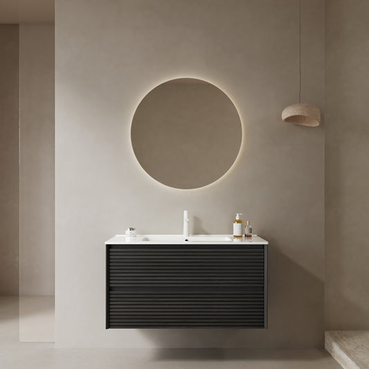 BRON 36 inch wall-mounted bathroom vanity with white ceramic sink and dark oak cabinet front view